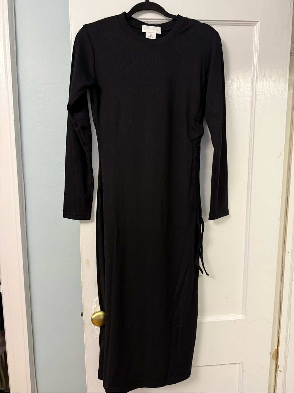 Long Sleeve Black Ribbed Midi Dress with Side Tie